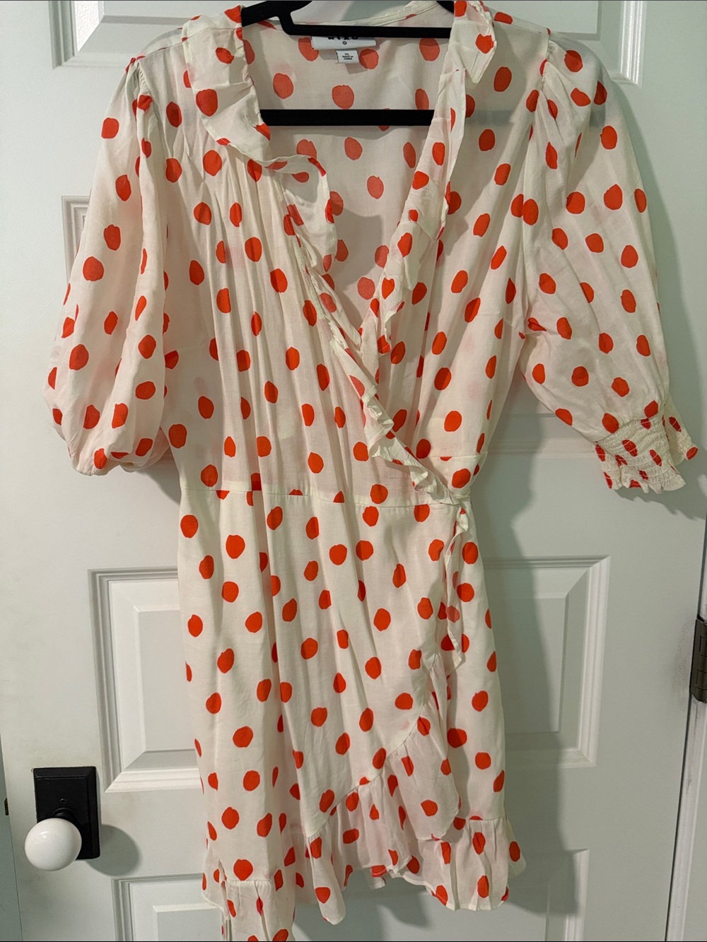 RIXO Cream Mini Wrap Dress with Red Polka Dots